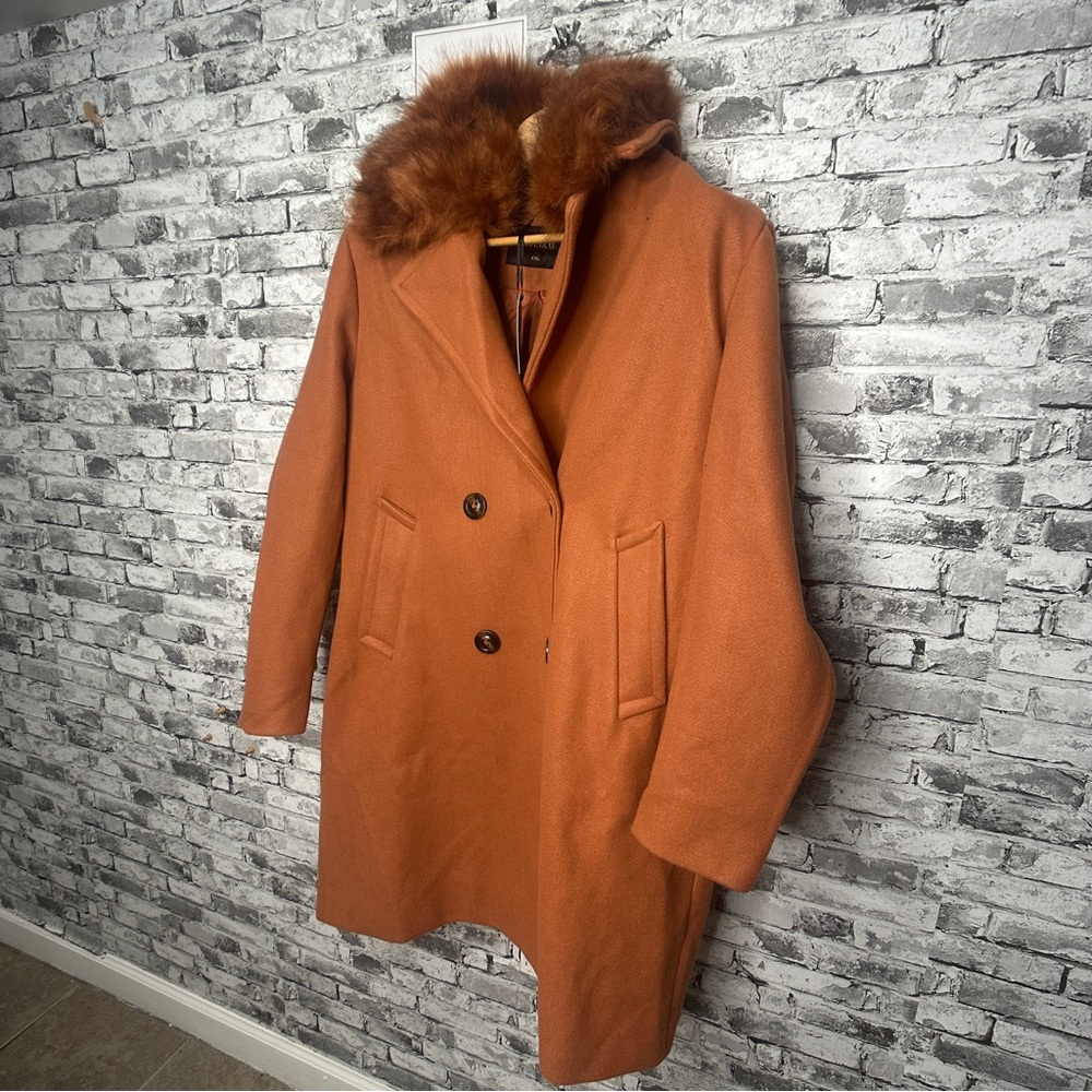 EUC XULIKU Women's Brown Double-Breasted Trench Coat Faux Fur Collar Size XXL - Picture 3 of 16